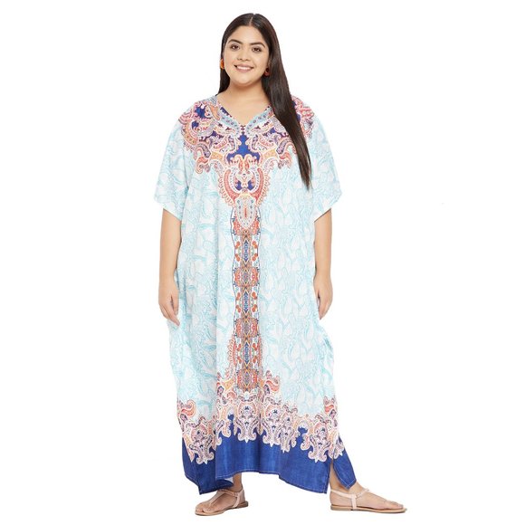 Women Plus Size Beach Cover Up Floral Print Turquoise Kaftan Dress by Gypsie Blu - Picture 8 of 9
